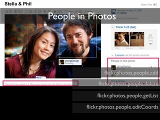 People in Photos




                ﬂickr.photos.people.add
             ﬂickr.photos.people.delete

             ﬂickr.photos.people.getList

         ﬂickr.photos.people.editCoords
 
