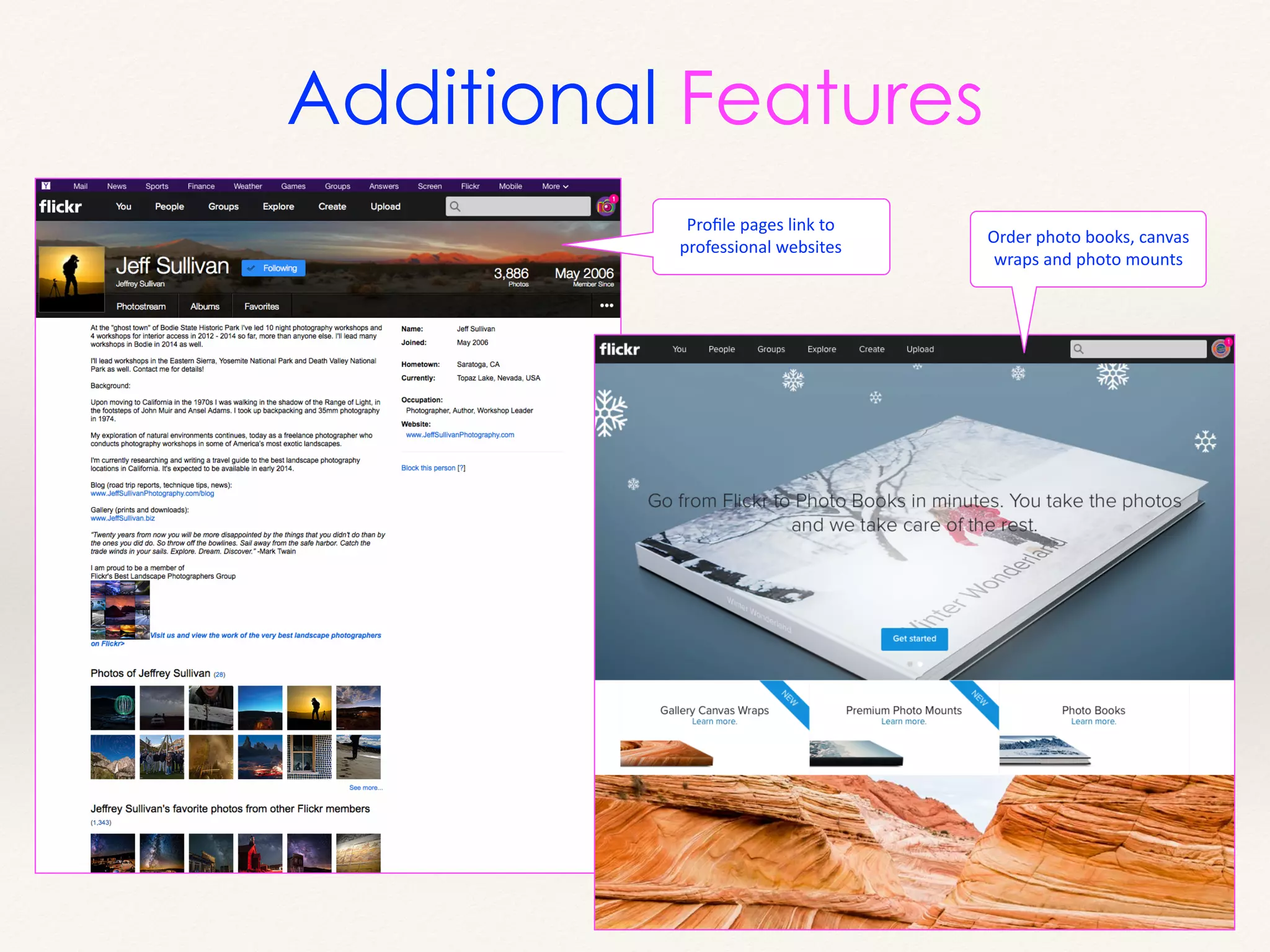 Proﬁle	
  pages	
  link	
  to	
  
professional	
  websites
Order	
  photo	
  books,	
  canvas	
  
wraps	
  and	
  photo	
  mounts
Additional Features
 