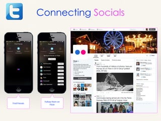 Connecting Socials
Find	
  friends
Follow	
  them	
  on	
  
Flickr
 