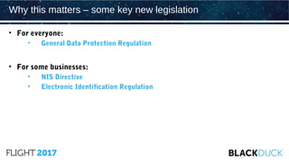 • For everyone:
• General Data Protection Regulation
• For some businesses:
• NIS Directive
• Electronic Identification Regulation
Why this matters – some key new legislation
 