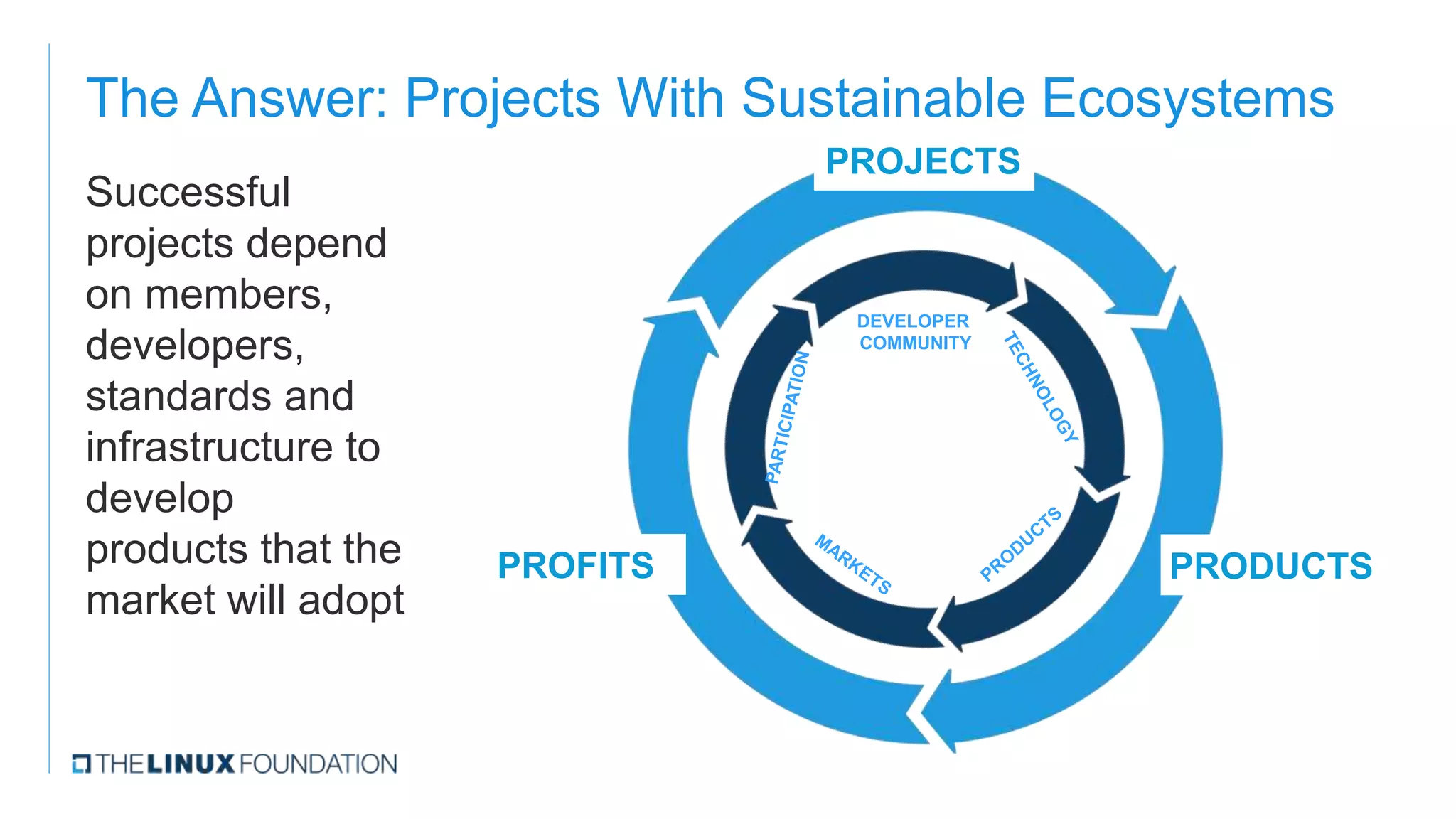 The Answer: Projects With Sustainable Ecosystems
Successful
projects depend
on members,
developers,
standards and
infrastructure to
develop
products that the
market will adopt
PROJECTS
PROFITS PRODUCTS
DEVELOPER
COMMUNITY
 