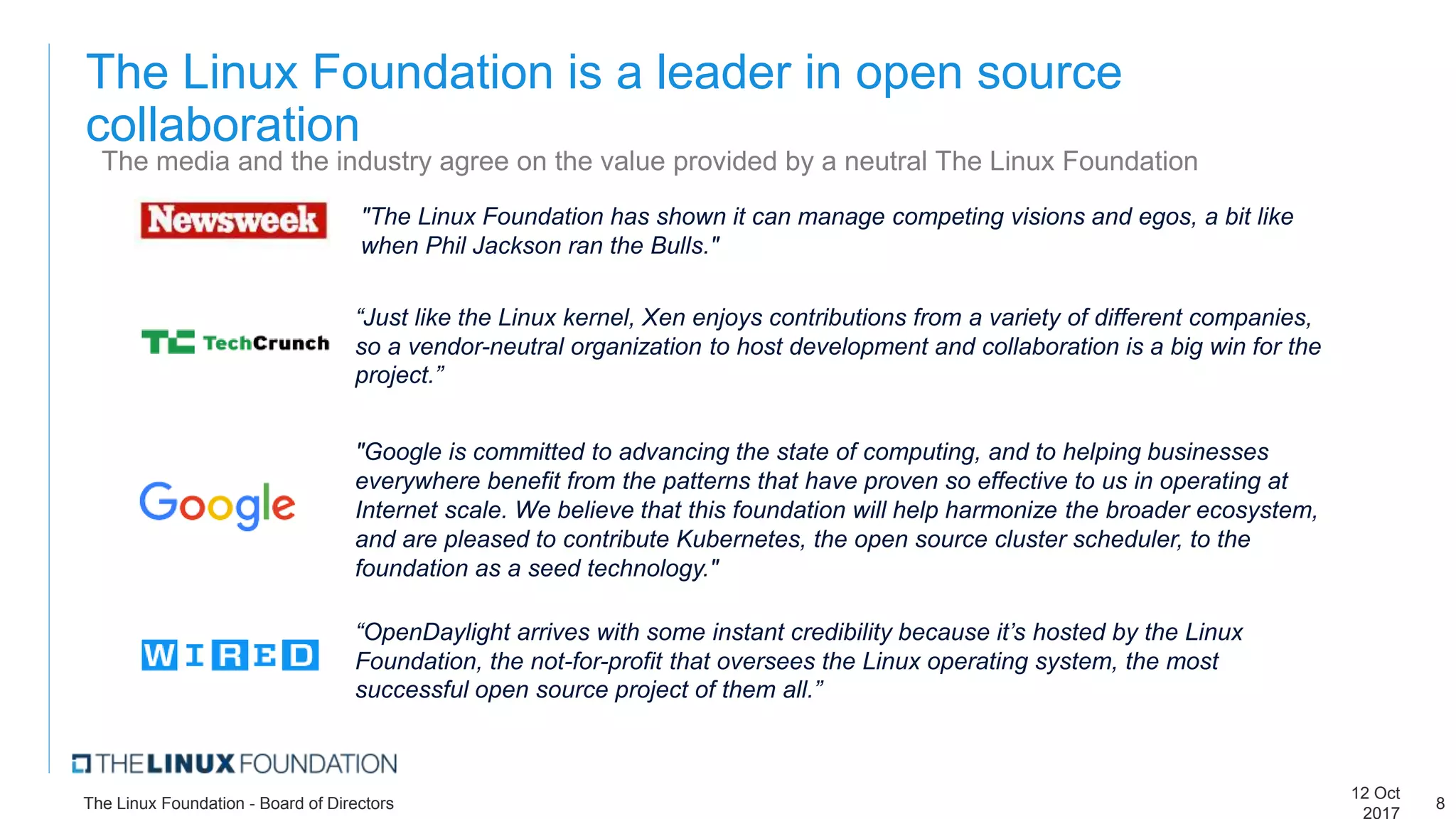 The Linux Foundation is a leader in open source
collaboration
The media and the industry agree on the value provided by a neutral The Linux Foundation
“OpenDaylight arrives with some instant credibility because it’s hosted by the Linux
Foundation, the not-for-profit that oversees the Linux operating system, the most
successful open source project of them all.”
“Just like the Linux kernel, Xen enjoys contributions from a variety of different companies,
so a vendor-neutral organization to host development and collaboration is a big win for the
project.”
"The Linux Foundation has shown it can manage competing visions and egos, a bit like
when Phil Jackson ran the Bulls."
"Google is committed to advancing the state of computing, and to helping businesses
everywhere benefit from the patterns that have proven so effective to us in operating at
Internet scale. We believe that this foundation will help harmonize the broader ecosystem,
and are pleased to contribute Kubernetes, the open source cluster scheduler, to the
foundation as a seed technology."
12 Oct
2017
The Linux Foundation - Board of Directors 8
 