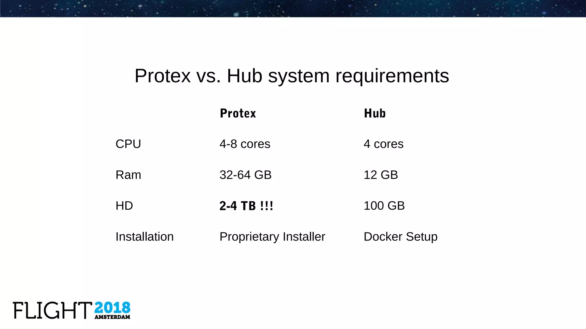 Protex vs. Hub system requirements
Protex Hub
CPU 4-8 cores 4 cores
Ram 32-64 GB 12 GB
HD 2-4 TB !!! 100 GB
Installation Proprietary Installer Docker Setup
 