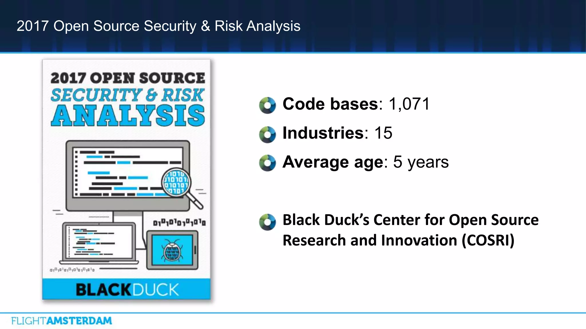 2017 Open Source Security & Risk Analysis
Code bases: 1,071
Industries: 15
Average age: 5 years
Black Duck’s Center for Open Source
Research and Innovation (COSRI)
 