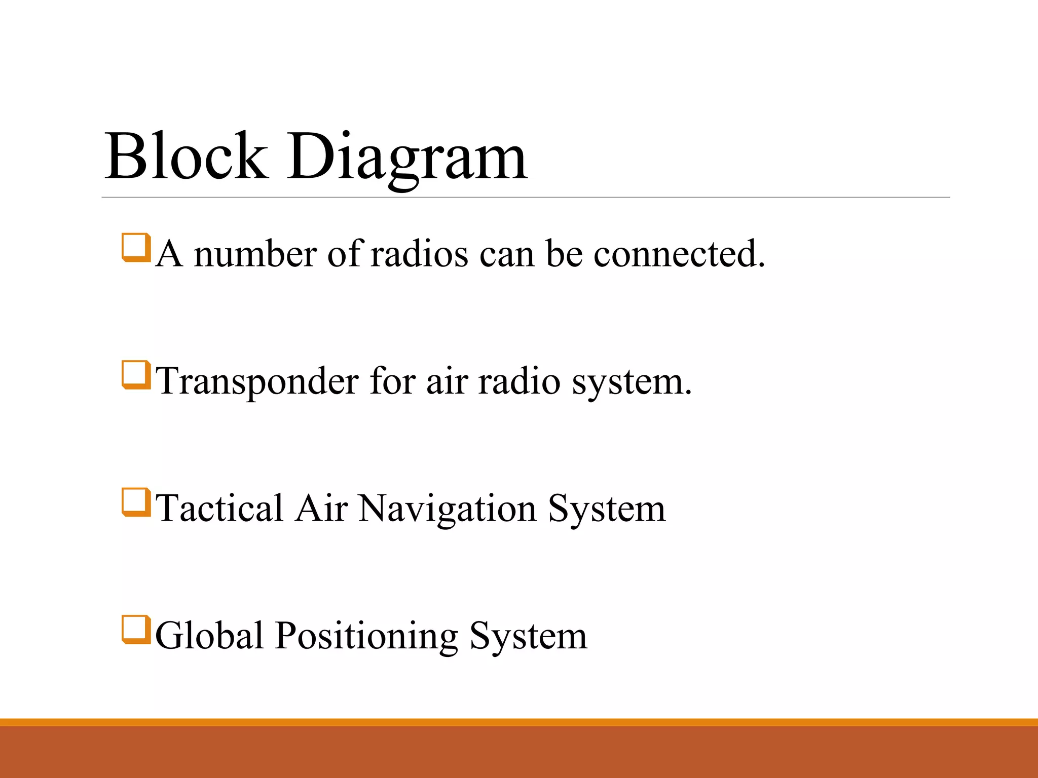 Block Diagram
A number of radios can be connected.
Transponder for air radio system.
Tactical Air Navigation System
Global Positioning System
 