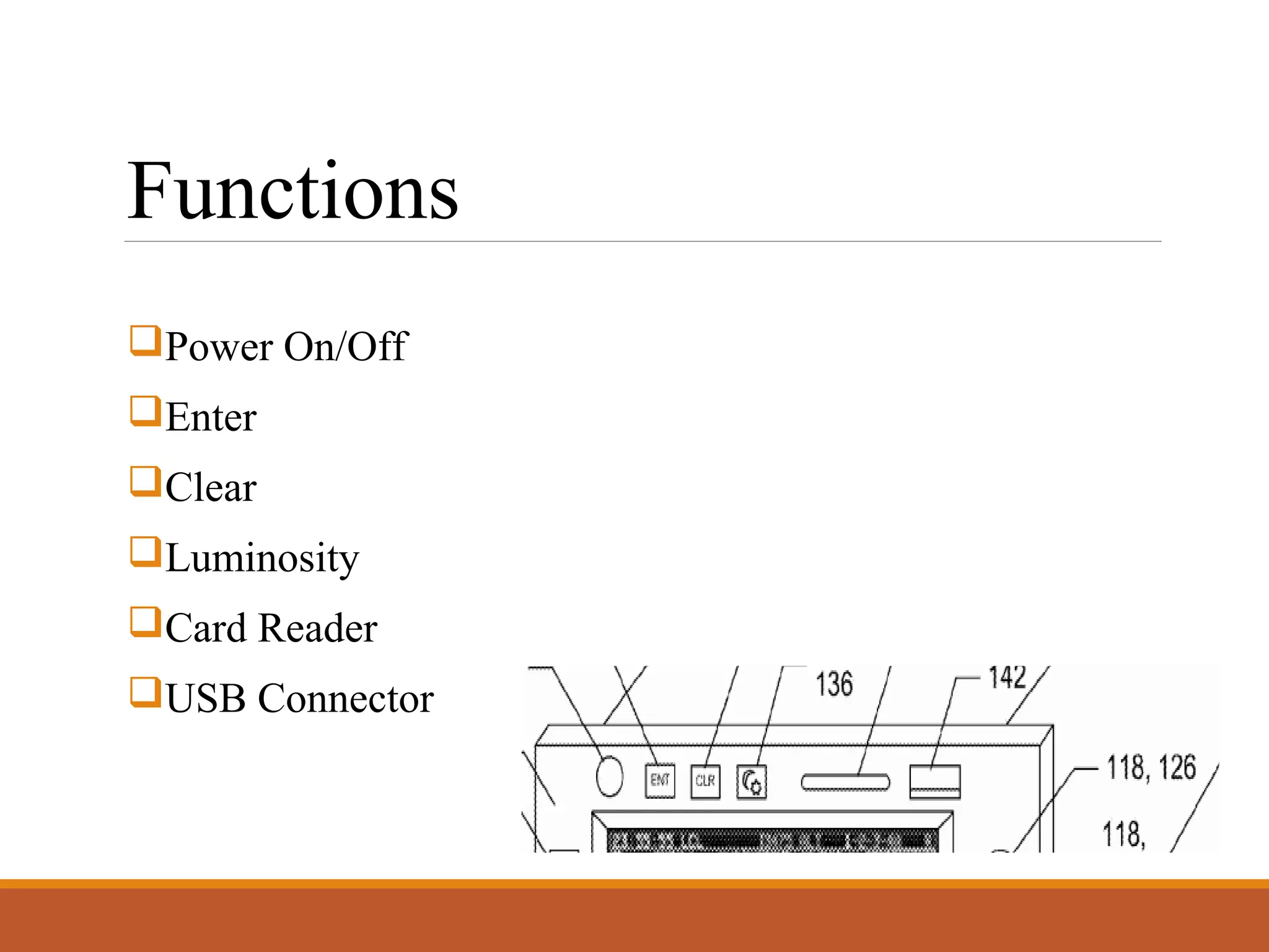 Functions
Power On/Off
Enter
Clear
Luminosity
Card Reader
USB Connector
 