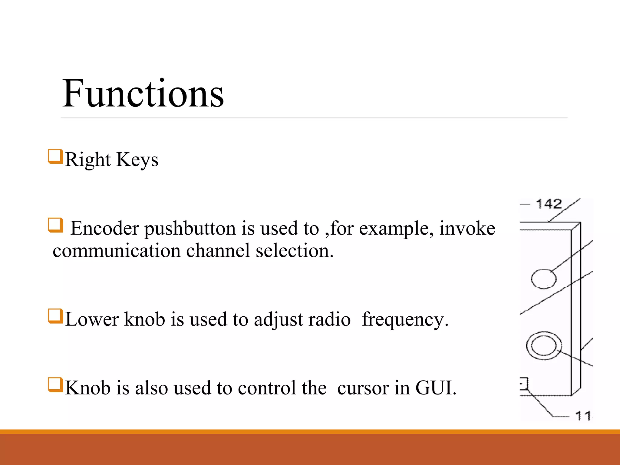 Functions
Right Keys
 Encoder pushbutton is used to ,for example, invoke
communication channel selection.
Lower knob is used to adjust radio frequency.
Knob is also used to control the cursor in GUI.
 