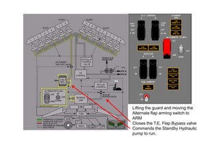 Lifting the guard and moving the
Alternate flap arming switch to
ARM
Closes the T.E. Flap Bypass valve
Commands the Standby Hydraulic
pump to run.
 