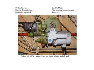 Hydraulic motor.
Normal flap extension.
Hydraulic System B
Electric Motor.
Alternate flap extension and
Retraction
Trailing edge Flap power drive unit. Main Wheel well aft wall.
 
