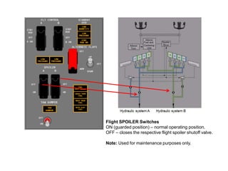 Flight SPOILER Switches
ON (guarded position) – normal operating position.
OFF – closes the respective flight spoiler shutoff valve.
Note: Used for maintenance purposes only.
 