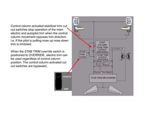 Control column actuated stabilizer trim cut
out switches stop operation of the main
electric and autopilot trim when the control
column movement opposes trim direction.
i.e. If the pilot is pulling nose up nose down
trim is inhibited.
When the STAB TRIM override switch is
positioned to OVERRIDE, electric trim can
be used regardless of control column
position. The control column activated cut
out switches are bypassed.
 