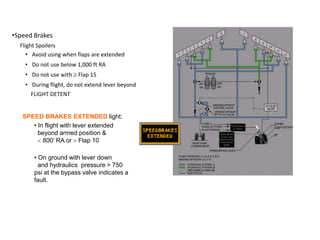 •Speed Brakes
Flight Spoilers
• Avoid using when flaps are extended
• Do not use below 1,000 ft RA
• Do not use with Flap 15
• During flight, do not extend lever beyond
FLIGHT DETENT
• SPEED BRAKES EXTENDED light:
• In flight with lever extended
beyond armed position &
800’ RA or Flap 10
• On ground with lever down
and hydraulics pressure > 750
psi at the bypass valve indicates a
fault.
 