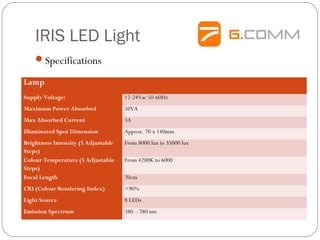 IRIS LED Light
Specifications
Lamp  
Supply Voltage: 12-24Vac 50-60Hz
Maximum Power Absorbed 50VA
Max Absorbed Current 3A
Illuminated Spot Dimension Approx. 70 x 140mm
Brightness Intensity (5 Adjustable
Steps)
From 8000 lux to 35000 lux
Colour Temperature (5 Adjustable
Steps)
From 4200K to 6000
Focal Length 70cm
CRI (Colour Rendering Index) >90%
Light Source 8 LEDs
Emission Spectrum 380 – 780 nm
 
