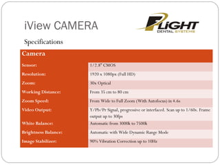 iView CAMERA
Specifications
Camera  
Sensor: 1/2.8” CMOS
Resolution: 1920 x 1080px (Full HD)
Zoom: 30x Optical
Working Distance: From 35 cm to 80 cm
Zoom Speed: From Wide to Full Zoom (With Autofocus) in 4.6s
Video Output: Y/Pb/Pr Signal, progressive or interfaced. Scan up to 1/60s. Frame
output up to 30fps
White Balance: Automatic from 3000k to 7500k
Brightness Balance: Automatic with Wide Dynamic Range Mode
Image Stabilizer: 90% Vibration Correction up to 10Hz
 