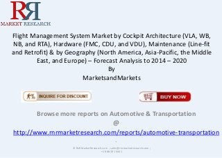 Flight Management System Market by Cockpit Architecture (VLA, WB,
NB, and RTA), Hardware (FMC, CDU, and VDU), Maintenance (Line-fit
and Retrofit) & by Geography (North America, Asia-Pacific, the Middle
East, and Europe) – Forecast Analysis to 2014 – 2020
By
MarketsandMarkets
Browse more reports on Automotive & Transportation
@
http://www.rnrmarketresearch.com/reports/automotive-transportation
.
© RnRMarketResearch.com ; sales@rnrmarketresearch.com ;
+1 888 391 5441
 