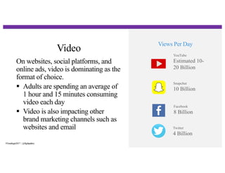 Video
27
On websites, social platforms, and
online ads, video is dominating as the
format of choice.
§ Adults are spending an average of
1 hour and 15 minutes consuming
video each day
§ Video is also impacting other
brand marketing channels such as
websites and email
Views Per Day
YouTube
Estimated 10-
20 Billion
Snapchat
10 Billion
Facebook
8 Billion
Twitter
4 Billion
#Trendingin2017 | @flightpathny
 