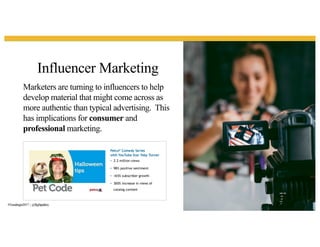 Influencer Marketing
39
Marketers are turning to influencers to help
develop material that might come across as
more authentic than typical advertising. This
has implications for consumer and
professional marketing.
#Trendingin2017 | @flightpathny
 