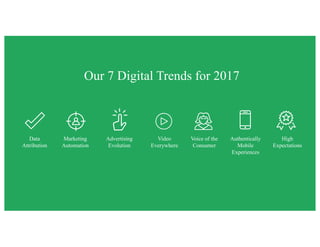 Our 7 Digital Trends for 2017
Data
Attribution
Marketing
Automation
Advertising
Evolution
Video
Everywhere
Voice of the
Consumer
Authentically
Mobile
Experiences
High
Expectations
 