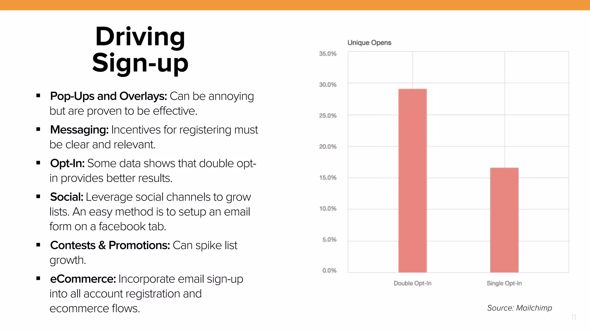 11 
Driving 
Sign-up 
! Pop-Ups and Overlays: Can be annoying 
but are proven to be effective. 
! Messaging: Incentives for registering must 
be clear and relevant. 
! Opt-In: Some data shows that double opt-in 
provides better results. 
! Social: Leverage social channels to grow 
lists. An easy method is to setup an email 
form on a facebook tab. 
! Contests & Promotions: Can spike list 
growth. 
! eCommerce: Incorporate email sign-up 
into all account registration and 
ecommerce flows. Source: Mailchimp 
 