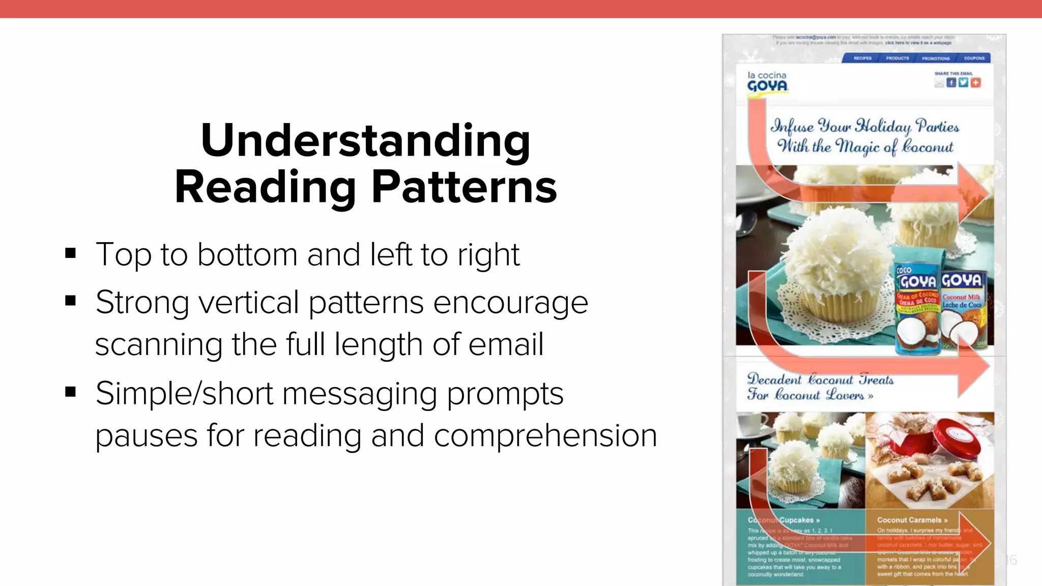 Understanding 
Reading Patterns 
16 
! Top to bottom and left to right 
! Strong vertical patterns encourage 
scanning the full length of email 
! Simple/short messaging prompts 
pauses for reading and comprehension 
 
