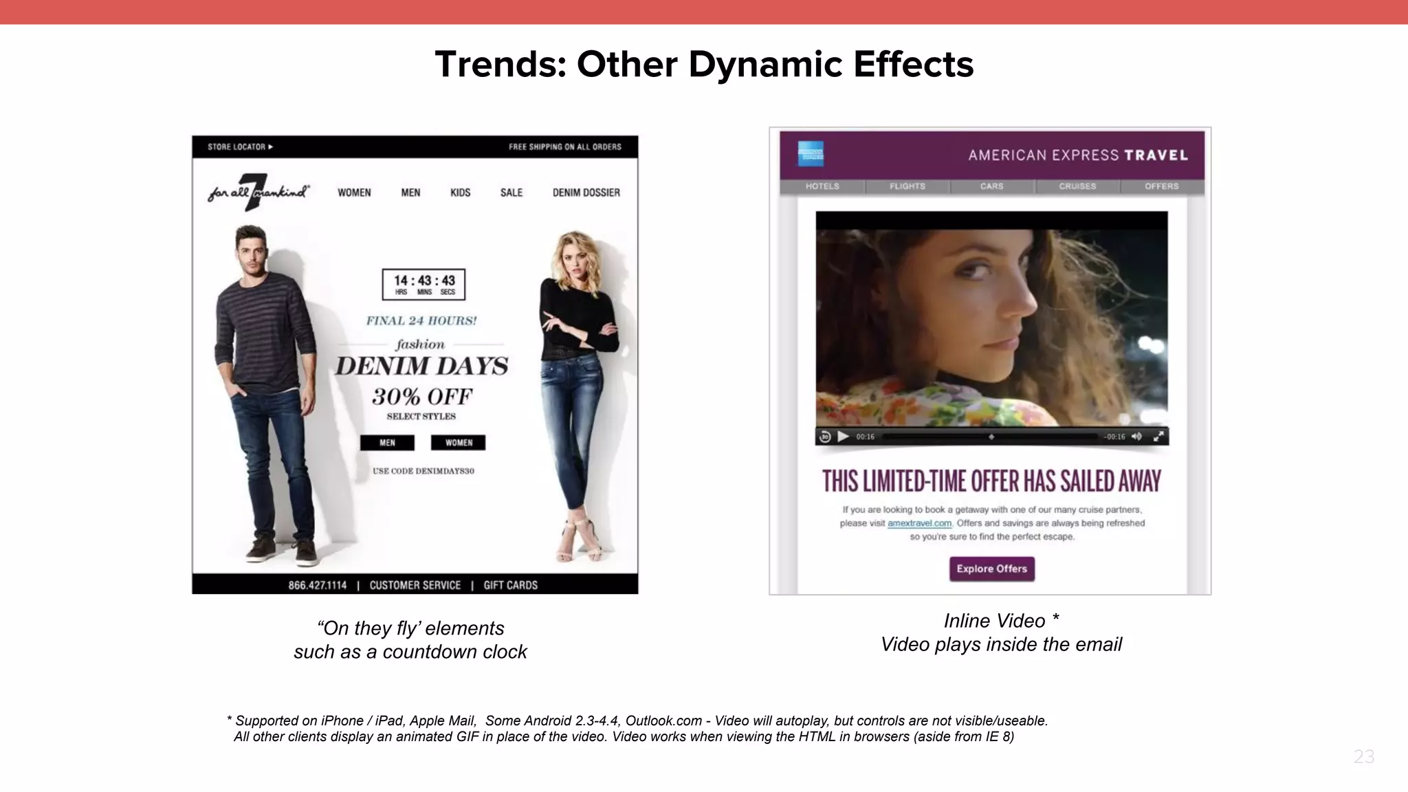Trends: Other Dynamic Effects 
“On they fly’ elements 
such as a countdown clock 
Inline Video * 
Video plays inside the email 
* Supported on iPhone / iPad, Apple Mail, Some Android 2.3-4.4, Outlook.com - Video will autoplay, but controls are not visible/useable. 
All other clients display an animated GIF in place of the video. Video works when viewing the HTML in browsers (aside from IE 8) 
23 
 