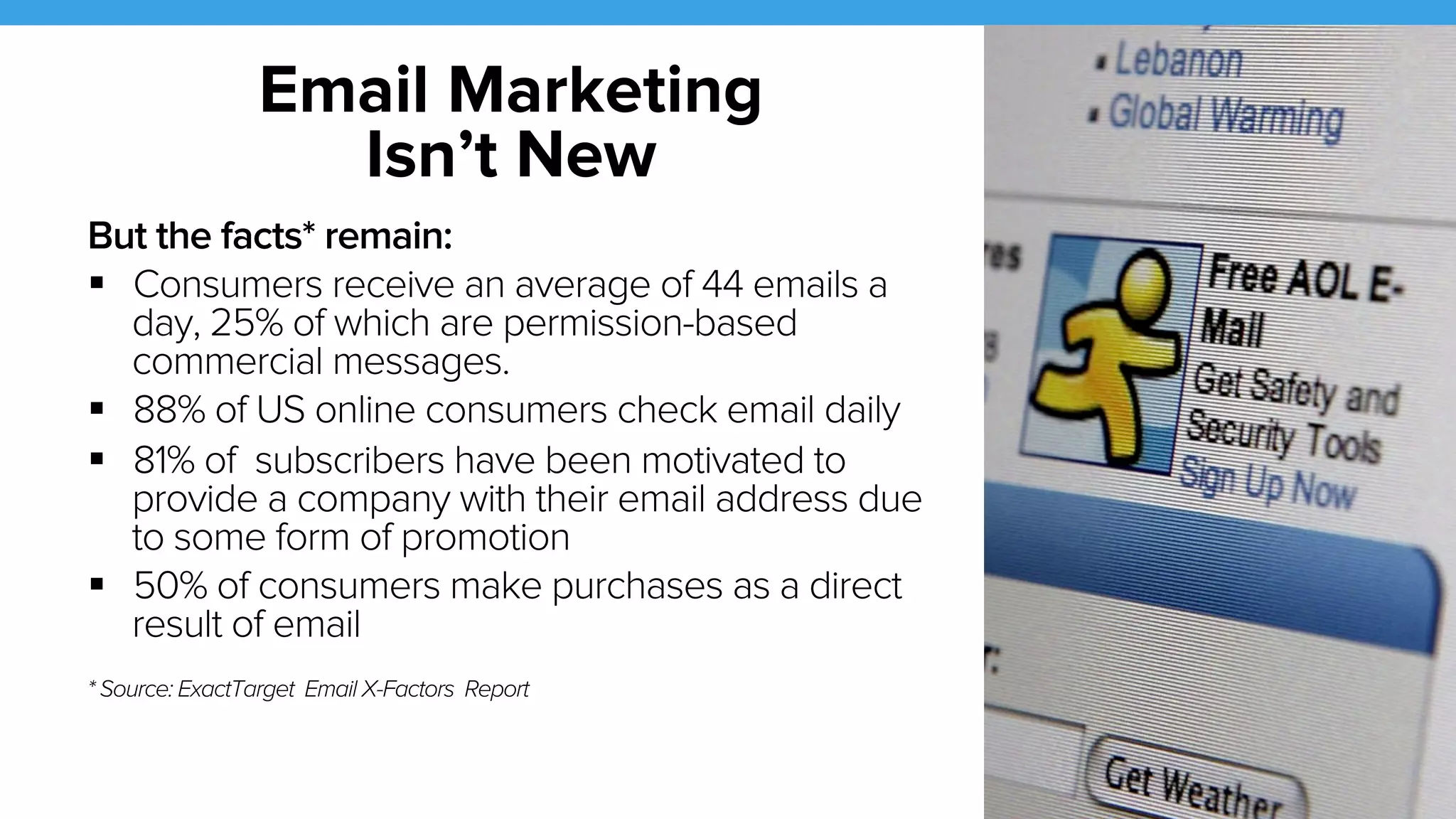 Email Marketing 
Isn’t New 
5 
But the facts* remain: 
! Consumers receive an average of 44 emails a 
day, 25% of which are permission-based 
commercial messages. 
! 88% of US online consumers check email daily 
! 81% of subscribers have been motivated to 
provide a company with their email address due 
to some form of promotion 
! 50% of consumers make purchases as a direct 
result of email 
* Source: ExactTarget Email X-Factors Report 
 