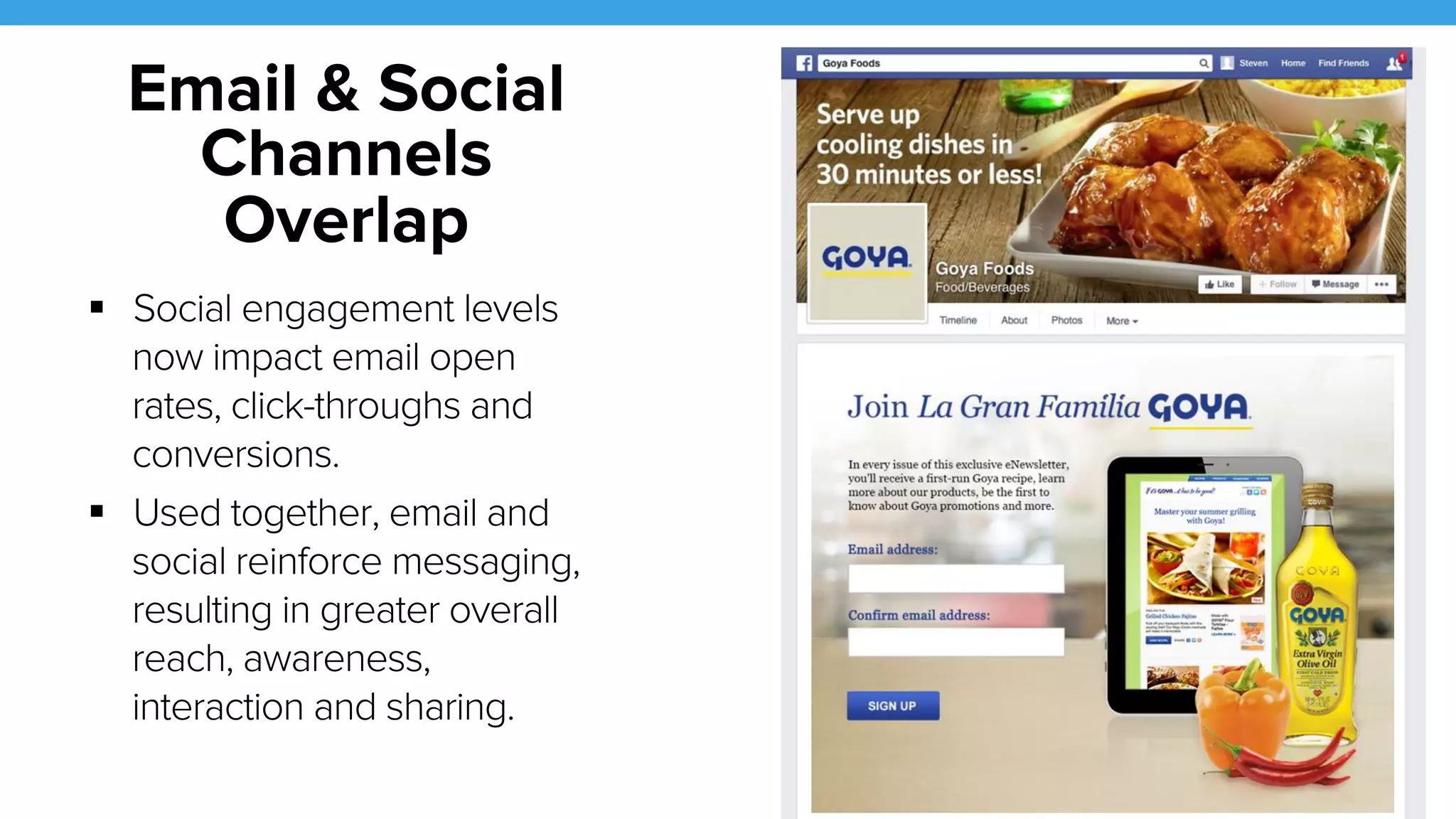 9 
Email & Social 
Channels 
Overlap 
! Social engagement levels 
now impact email open 
rates, click-throughs and 
conversions. 
! Used together, email and 
social reinforce messaging, 
resulting in greater overall 
reach, awareness, 
interaction and sharing. 
 