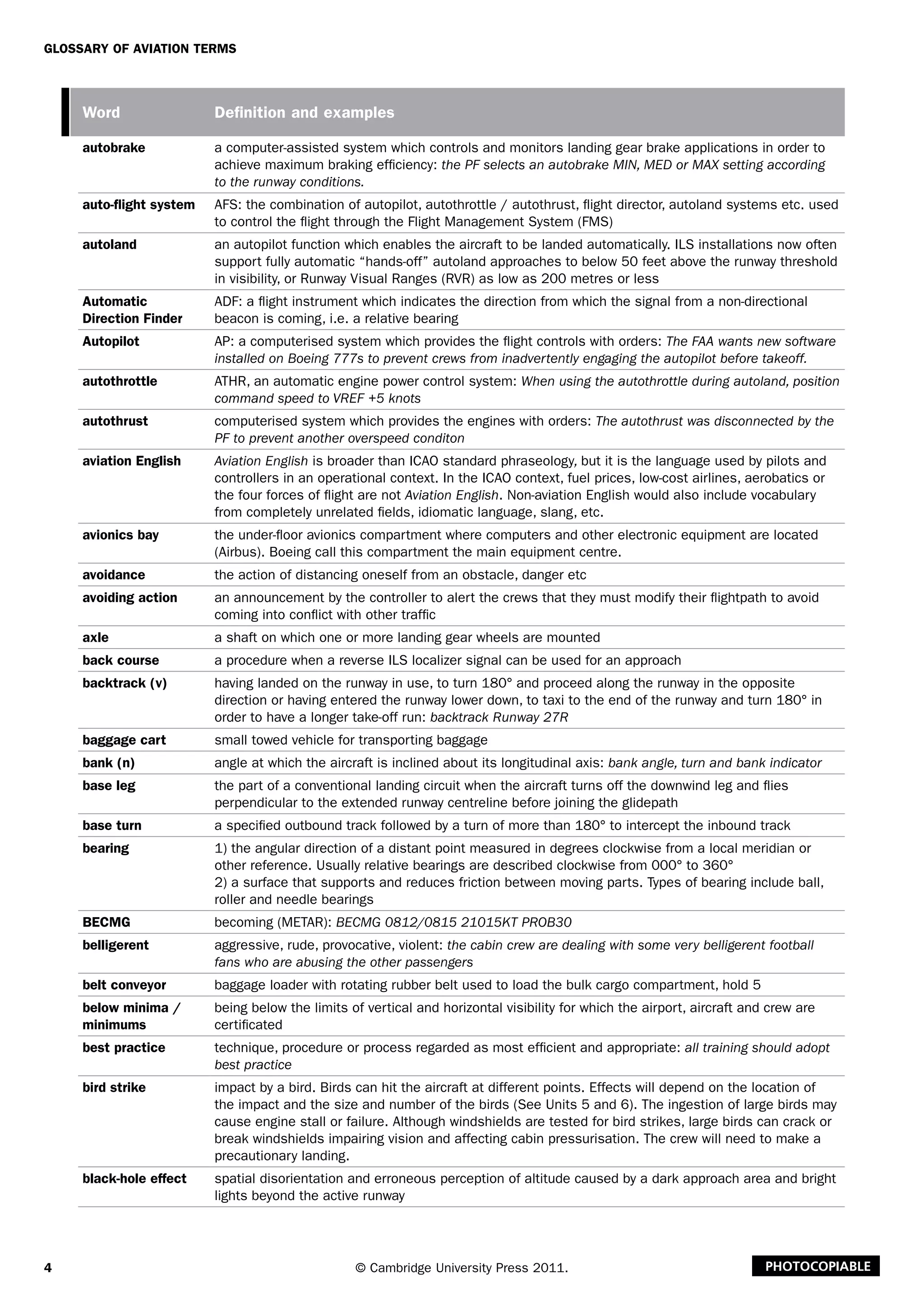 4
Glossary of Aviation Terms
© Cambridge University Press 2011. Photocopiable
Word Definition and examples
autobrake a computer-assisted system which controls and monitors landing gear brake applications in order to
achieve maximum braking efficiency: the PF selects an autobrake MIN, MED or MAX setting according
to the runway conditions.
auto-flight system AFS: the combination of autopilot, autothrottle / autothrust, flight director, autoland systems etc. used
to control the flight through the Flight Management System (FMS)
autoland an autopilot function which enables the aircraft to be landed automatically. ILS installations now often
support fully automatic “hands-off” autoland approaches to below 50 feet above the runway threshold
in visibility, or Runway Visual Ranges (RVR) as low as 200 metres or less
Automatic
Direction Finder
ADF: a flight instrument which indicates the direction from which the signal from a non-directional
beacon is coming, i.e. a relative bearing
Autopilot AP: a computerised system which provides the flight controls with orders: The FAA wants new software
installed on Boeing 777s to prevent crews from inadvertently engaging the autopilot before takeoff.
autothrottle ATHR, an automatic engine power control system: When using the autothrottle during autoland, position
command speed to VREF +5 knots
autothrust computerised system which provides the engines with orders: The autothrust was disconnected by the
PF to prevent another overspeed conditon
aviation English Aviation English is broader than ICAO standard phraseology, but it is the language used by pilots and
controllers in an operational context. In the ICAO context, fuel prices, low-cost airlines, aerobatics or
the four forces of flight are not Aviation English. Non-aviation English would also include vocabulary
from completely unrelated fields, idiomatic language, slang, etc.
avionics bay the under-floor avionics compartment where computers and other electronic equipment are located
(Airbus). Boeing call this compartment the main equipment centre.
avoidance the action of distancing oneself from an obstacle, danger etc
avoiding action an announcement by the controller to alert the crews that they must modify their flightpath to avoid
coming into conflict with other traffic
axle a shaft on which one or more landing gear wheels are mounted
back course a procedure when a reverse ILS localizer signal can be used for an approach
backtrack (v) having landed on the runway in use, to turn 180° and proceed along the runway in the opposite
direction or having entered the runway lower down, to taxi to the end of the runway and turn 180° in
order to have a longer take-off run: backtrack Runway 27R
baggage cart small towed vehicle for transporting baggage
bank (n) angle at which the aircraft is inclined about its longitudinal axis: bank angle, turn and bank indicator
base leg the part of a conventional landing circuit when the aircraft turns off the downwind leg and flies
perpendicular to the extended runway centreline before joining the glidepath
base turn a specified outbound track followed by a turn of more than 180° to intercept the inbound track
bearing 1) the angular direction of a distant point measured in degrees clockwise from a local meridian or
other reference. Usually relative bearings are described clockwise from 000° to 360°
2) a surface that supports and reduces friction between moving parts. Types of bearing include ball,
roller and needle bearings
BECMG becoming (METAR): BECMG 0812/0815 21015KT PROB30
belligerent aggressive, rude, provocative, violent: the cabin crew are dealing with some very belligerent football
fans who are abusing the other passengers
belt conveyor baggage loader with rotating rubber belt used to load the bulk cargo compartment, hold 5
below minima /
minimums
being below the limits of vertical and horizontal visibility for which the airport, aircraft and crew are
certificated
best practice technique, procedure or process regarded as most efficient and appropriate: all training should adopt
best practice
bird strike impact by a bird. Birds can hit the aircraft at different points. Effects will depend on the location of
the impact and the size and number of the birds (See Units 5 and 6). The ingestion of large birds may
cause engine stall or failure. Although windshields are tested for bird strikes, large birds can crack or
break windshields impairing vision and affecting cabin pressurisation. The crew will need to make a
precautionary landing.
black-hole effect spatial disorientation and erroneous perception of altitude caused by a dark approach area and bright
lights beyond the active runway
 