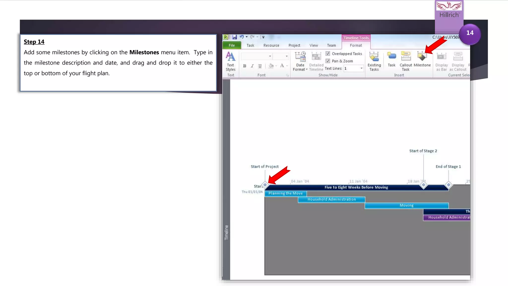 Hillrich
TM
14
Step 14
Add some milestones by clicking on the Milestones menu item. Type in
the milestone description and date, and drag and drop it to either the
top or bottom of your flight plan.
 