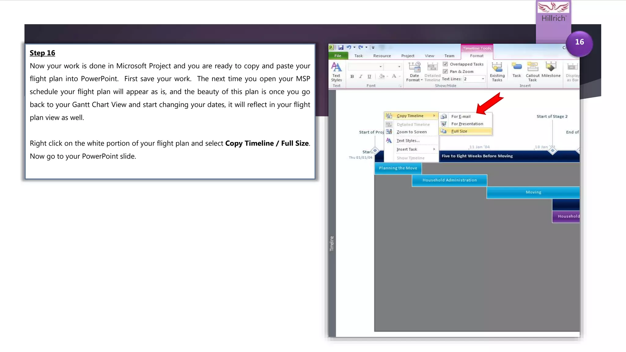 Hillrich
TM
16
Step 16
Now your work is done in Microsoft Project and you are ready to copy and paste your
flight plan into PowerPoint. First save your work. The next time you open your MSP
schedule your flight plan will appear as is, and the beauty of this plan is once you go
back to your Gantt Chart View and start changing your dates, it will reflect in your flight
plan view as well.
Right click on the white portion of your flight plan and select Copy Timeline / Full Size.
Now go to your PowerPoint slide.
 
