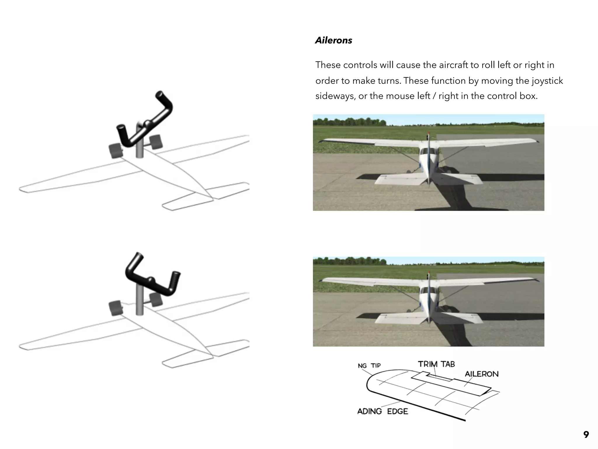 Ailerons
These controls will cause the aircraft to roll left or right in
order to make turns. These function by moving the joystick
sideways, or the mouse left / right in the control box.
9
 