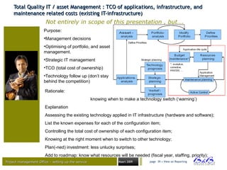 Project management Office – setting up the serviceProject management Office – setting up the service Maart 2009 page 39 • View on Reporting
Total Quality IT / asset Management : TCO of applications, infrastructure, andTotal Quality IT / asset Management : TCO of applications, infrastructure, and
maintenance related costs (existing IT-infrastructure)maintenance related costs (existing IT-infrastructure)
Rationale:
knowing when to make a technology switch (‘warning’)
Explanation
Assessing the existing technology applied in IT infrastructure (hardware and software);
List the known expenses for each of the configuration item;
Controlling the total cost of ownership of each configuration item;
Knowing at the right moment when to switch to other technology;
Plan(-ned) investment: less unlucky surprises;
Add to roadmap: know what resources will be needed (fiscal year, staffing, priority);
Purpose:
•Management decisions
•Optimising of portfolio, and asset
management.
•Strategic IT management
•TCO (total cost of ownership)
•Technology follow up (don’t stay
behind the competition)
Not entirely in scope of this presentation , but….
 