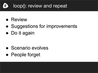 ● Review
● Suggestions for improvements
● Do it again
● Scenario evolves
● People forget
loop(): review and repeat
 