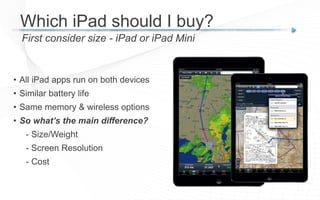 Which iPad should I buy?
First consider size - iPad or iPad Mini
• All iPad apps run on both devices
• Similar battery life
• Same memory & wireless options
• So what’s the main difference?
- Size/Weight
- Screen Resolution
- Cost
 
