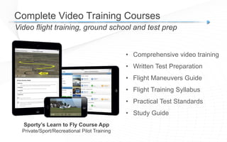 Video flight training, ground school and test prep
Complete Video Training Courses
Sporty’s Learn to Fly Course App
Private/Sport/Recreational Pilot Training
• Comprehensive video training
• Written Test Preparation
• Flight Maneuvers Guide
• Flight Training Syllabus
• Practical Test Standards
• Study Guide
 