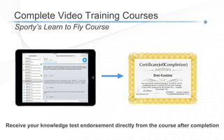 Sporty’s Learn to Fly Course
Complete Video Training Courses
Receive your knowledge test endorsement directly from the course after completion
Certificate)of)Completion)
has received the required training of 14 CFR 61.105 by
completing Sporty’s Complete Private Pilot Training
Course and is prepared for the Private Pilot - Airplane
Knowledge Test.
Date)))))))))))))))))))))))))))))))))))))))))))))CFI)#/exp.)Mr.)Eric)Radtke,)CFI)
3166162CFI / 06/30/2016
Bret Koebbe
01/12/2015
 