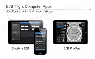 E6B Flight Computer Apps
Preflight and In-flight calculations
Sporty’s E6B E6B Pro Pad
 