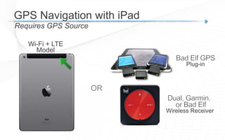 GPS Navigation with iPad
Requires GPS Source
Wi-Fi + LTE
Model
OR
Plug-in
Wireless Receiver
 