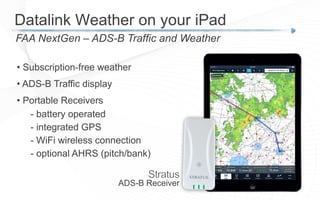 FAA NextGen – ADS-B Traffic and Weather
Datalink Weather on your iPad
• Subscription-free weather
• ADS-B Traffic display
• Portable Receivers
- battery operated
- integrated GPS
- WiFi wireless connection
- optional AHRS (pitch/bank)
ADS-B Receiver
 