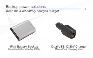 Backup power solutions
Keep the iPad battery charged in-flight
Increase battery life by 150% Meets 2.4a charging spec
 