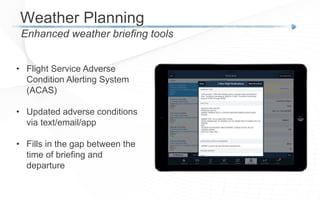 Weather Planning
Enhanced weather briefing tools
• Flight Service Adverse
Condition Alerting System
(ACAS)
• Updated adverse conditions
via text/email/app
• Fills in the gap between the
time of briefing and
departure
 