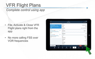 VFR Flight Plans
Complete control using app
• File, Activate & Close VFR
Flight plans right from the
app
• No more calling FSS over
VOR frequencies
 