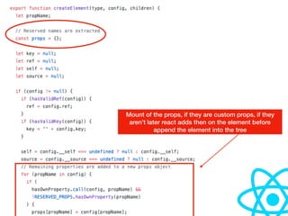 Mount of the props, if they are custom props, if they
aren’t later react adds then on the element before
append the element into the tree
 