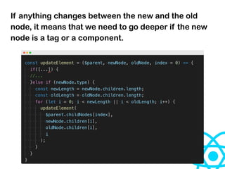 If anything changes between the new and the old
node, it means that we need to go deeper if the new
node is a tag or a component.
 