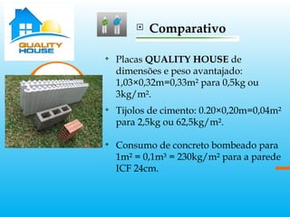  Comparativo
v
Placas QUALITY HOUSE de
dimensões e peso avantajado:
1,03×0,32m=0,33m² para 0,5kg ou
3kg/m².
v
Tijolos de cimento: 0.20×0,20m=0,04m²
para 2,5kg ou 62,5kg/m².
v
Consumo de concreto bombeado para
1m² = 0,1m³ = 230kg/m² para a parede
ICF 24cm.
 