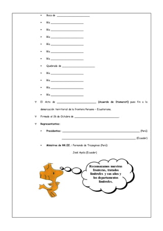  Boca de ____________________
 Río ____________________
 Río ____________________
 Río ____________________
 Río ____________________
 Río ____________________
 Río ____________________
 Quebrada de ____________________
 Río ____________________
 Río ____________________
 Río ____________________
 Río ____________________
 El Acta de ________________________ (Acuerdo de Itamaratí) puso fin a la
demarcación territorial de la frontera Peruano – Ecuatoriana.
 Firmado el 26 de Octubre de ___________________________.
 Representantes:
 Presidentes: ________________________________________________ (Perú)
_______________________________________________ (Ecuador)
 Ministros de RR.EE.: Fernando de Trazegnies (Perú)
José Ayala (Ecuador)
RReeccoonnoozzccaammooss nnuueessttrraass
ffrroonntteerraass,, ttrraattaaddooss
lliimmííttrrooffeess yy ssuuss aaññooss yy
llooss ddeeppaarrttaammeennttooss
lliimmííttrrooffeess..
 