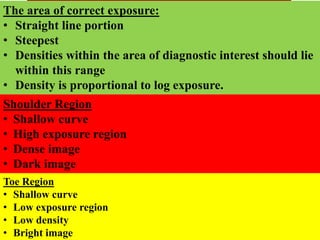 The area of correct exposure:
• Straight line portion
• Steepest
• Densities within the area of diagnostic interest should lie
within this range
• Density is proportional to log exposure.
Shoulder Region
• Shallow curve
• High exposure region
• Dense image
• Dark image
Toe Region
• Shallow curve
• Low exposure region
• Low density
• Bright image
 