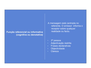 A mensagem está centrada no
referente. O emissor informa o
receptor sobre qualquer
realidade ou facto.Função referencial ou informativa
(cognitiva ou denotativa)
- 3ª pessoa
- Adjectivação restrita
- Frases declarativas
- Objectividade
- Clareza
 