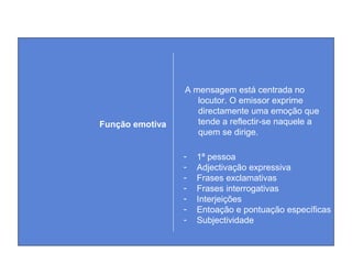 A mensagem está centrada no
locutor. O emissor exprime
directamente uma emoção que
tende a reflectir-se naquele a
quem se dirige.
Função emotiva
- 1ª pessoa
- Adjectivação expressiva
- Frases exclamativas
- Frases interrogativas
- Interjeições
- Entoação e pontuação específicas
- Subjectividade
 