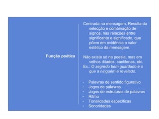 Centrada na mensagem. Resulta da
selecção e combinação de
signos, nas relações entre
significante e significado, que
põem em evidência o valor
estético da mensagem.
Não existe só na poesia, mas em
velhos ditados, cantilenas, etc.
Ex.: O segredo bem guardado é o
que a ninguém é revelado.
Função poética
- Palavras de sentido figurativo
- Jogos de palavras
- Jogos de estruturas de palavras
- Ritmo
- Tonalidades específicas
- Sonoridades
 